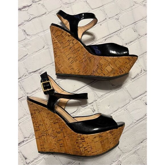Idore Womens Size 7 Cork Wedge Platform Sandal Black Glossy Leather Summer Night - Picture 7 of 12